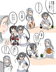 Rule 34 | 3girls, :&gt;, :d, :o, ^ ^, amagiri (kancolle), atsushi (aaa-bbb), black hair, brown hair, chopsticks, comic, commentary, cup, closed eyes, fish, flying sweatdrops, food, glasses, hairband, kantai collection, long hair, multiple girls, open mouth, paper, pleated skirt, ponytail, remodel (kantai collection), rice bowl, sagiri (kancolle), scarf, school uniform, sendai (kancolle), serafuku, silver hair, sketch, skirt, smile, sweatdrop, teacup, translation request, twintails, very long hair, white scarf