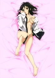 Rule 34 | 10s, 1girl, absurdres, barefoot, bed sheet, black hair, blush, borrowed clothes, breasts, brown eyes, cleavage, collarbone, covering privates, covering breasts, dakimakura (medium), feet, from above, full body, groin, highres, himeragi yukina, long hair, looking at viewer, lying, medium breasts, naked sweater, navel, official art, on back, open mouth, shiny skin, solo, strike the blood, sweater, toes, topless, white sweater