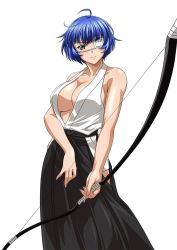 Rule 34 | 00s, 1girl, blue hair, bow, bow (weapon), breasts, center opening, cleavage, eyepatch, green eyes, hakama, hakama skirt, holding, ikkitousen, japanese clothes, large breasts, medical eyepatch, mole, mole under mouth, ryomou shimei, short hair, simple background, skirt, smile, solo, weapon, white background