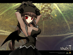 Rule 34 | 1girl, arms up, black gloves, black hair, black skirt, bodysuit, breasts, cleavage, demon girl, elbow gloves, gloves, goth fashion, hat, large breasts, letterboxed, long hair, looking at viewer, mabinogi, ponytail, red eyes, see-through, skirt, solo, succubus (mabinogi), wallpaper, wings