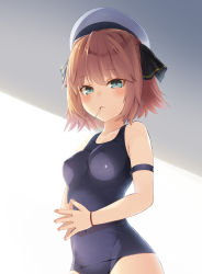 Rule 34 | 1girl, alternate costume, armband, bare shoulders, blue eyes, blue one-piece swimsuit, blush, breasts, brown hair, candy, closed mouth, collarbone, commentary request, covered erect nipples, covered navel, cowboy shot, food, hachijou (kancolle), hair between eyes, hair ribbon, hat, holding, holding food, kantai collection, lollipop, looking at viewer, medium breasts, meth (emethmeth), mouth hold, name connection, one-piece swimsuit, own hands together, ribbon, sailor hat, school swimsuit, short hair, simple background, smile, solo, standing, swimsuit, wristband