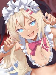 Rule 34 | 1girl, alternate costume, bikini, black bikini, blonde hair, blue eyes, bow, detached collar, enmaided, fingernails, grecale (kancolle), hair between eyes, hair bow, highres, kantai collection, long hair, looking at viewer, maid, maid bikini, maid headdress, open mouth, pink bow, shingyou (alexander-13), sidelocks, smile, solo, swimsuit, unconventional maid, upper body, wrist cuffs