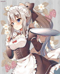 Rule 34 | 1girl, 9a-91 (girls&#039; frontline), apron, blue eyes, blush, bow, breasts, brown bow, brown dress, closed mouth, collar, commentary, cross-laced clothes, detached collar, dress, dutch angle, flower, food, frilled apron, frills, fruit, girls&#039; frontline, grey hair, hair between eyes, hair bow, hair ornament, hairclip, hands up, high ponytail, holding, holding tray, juliet sleeves, long hair, long sleeves, looking at viewer, mauve, medium breasts, ponytail, puffy sleeves, red bow, sidelocks, smile, solo, strawberry, striped, striped background, tray, twitter username, vertical stripes, very long hair, waist apron, white apron, white collar, white flower