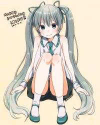 Rule 34 | 10s, 1girl, 2016, character name, dated, happy birthday, hatsune miku, highres, long hair, looking at viewer, mary janes, mizutamako, necktie, shoes, sitting, socks, solo, twintails, twitter username, very long hair, vocaloid, yellow background