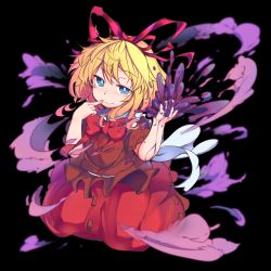 Rule 34 | 1girl, black background, blonde hair, blue eyes, bow, bowtie, closed mouth, commentary request, finger to mouth, furorina, hair ribbon, highres, looking at viewer, medicine melancholy, poison, red bow, red bowtie, red ribbon, red skirt, ribbon, shaded face, short hair, short sleeves, simple background, skirt, smile, solo, touhou