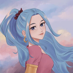 Rule 34 | 1girl, absurdres, blue eyes, blue hair, blue sky, closed mouth, cloud, cocoyashin, commentary, dress, earrings, english commentary, eyelashes, hair intakes, high ponytail, highres, hoop earrings, jewelry, long hair, looking at viewer, nefertari vivi, one piece, pink dress, pink lips, sky, solo, upper body