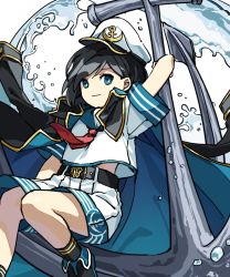 Rule 34 | 1girl, anchor, anchor symbol, arm up, belt, black belt, black footwear, black hair, black jacket, black socks, blue eyes, boots, closed mouth, collar, collared jacket, collared shirt, gold trim, hand up, hat, highres, jacket, kaigen 1025, long sleeves, looking away, murasa minamitsu, necktie, open clothes, open jacket, red necktie, shirt, short hair, short sleeves, shorts, simple background, sitting, smile, socks, solo, touhou, water, white background, white hat, white shirt, white shorts