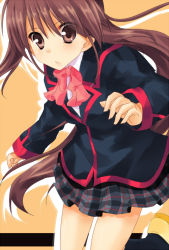 Rule 34 | 1girl, bow, brown eyes, brown hair, little busters!, long hair, natsume rin, pink bow, plaid, plaid skirt, ponytail, school uniform, skirt, solo, yuri (purinlove)
