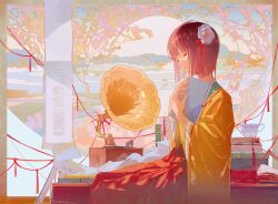 Rule 34 | 1girl, absurdres, book, book stack, chinese commentary, closed eyes, closed mouth, commentary, commentary request, cup, english commentary, flower, hair flower, hair ornament, hakama, hakama skirt, hieda no akyuu, highres, japanese clothes, kimono, light smile, long sleeves, mixed-language commentary, phonograph, purple hair, red hakama, red ribbon, ribbon, seiza, sheya tin, short hair, sitting, skirt, solo, table, teacup, touhou, wide sleeves, yellow kimono