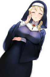 Rule 34 | 1girl, ashita (2010), black dress, blonde hair, blush, breasts, brooch, clarice (idolmaster), closed eyes, dress, from below, habit, highres, idolmaster, idolmaster cinderella girls, jewelry, large breasts, long sleeves, nun, open mouth, robe, sidelocks, solo, standing, traditional nun, veil, wide sleeves