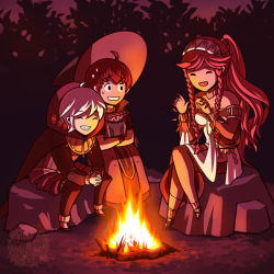 Rule 34 | 1girl, ^ ^, aquanut, bare shoulders, boots, braid, brown eyes, brown hair, campfire, cape, closed eyes, detached sleeves, closed eyes, fire emblem, fire emblem awakening, gloves, hairband, hat, henry (fire emblem), long hair, long sleeves, nintendo, olivia (fire emblem), open mouth, pink hair, ponytail, ricken (fire emblem), short hair, sitting, smile, white hair, wizard
