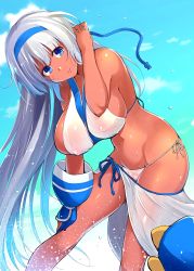 Rule 34 | 1girl, absurdres, alternate hairstyle, bad anatomy, blue eyes, blue sky, blush, breasts, c.r., champuru, closed mouth, commentary request, covered erect nipples, dark-skinned female, dark skin, day, gloves, hairband, highres, large breasts, long hair, looking at viewer, majikina mina, navel, panties, partially fingerless gloves, partly fingerless gloves, revealing clothes, samurai spirits, sarong, see-through silhouette, side-tie panties, sky, smile, solo, stomach, underwear, very long hair, water, wet, white hair, white panties, yugake