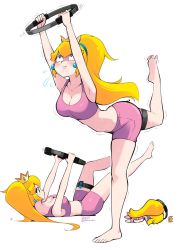 Rule 34 | 1girl, blonde hair, breasts, cleavage, crown, exercising, highres, joakimwaller, joy-con, leg up, mario (series), mini crown, nintendo, pink sports bra, ponytail, princess peach, ring-con, ring fit adventure, short shorts, shorts, simple background, sports bra, standing, standing on one leg, sweat, yoga