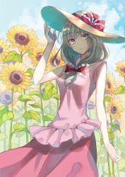 Rule 34 | alternate costume, alternate headwear, arm at side, arm up, bare arms, blue sky, blurry, blurry background, breasts, cloud, commentary request, cowboy shot, day, field, flower, flower field, front ponytail, green eyes, green hair, hair ribbon, hand on headwear, hat, hat ribbon, highres, kagiyama hina, long hair, looking at viewer, miyakure, outdoors, partial commentary, pink shirt, red skirt, ribbon, shirt, skirt, sky, sleeveless, sleeveless shirt, small breasts, smile, standing, summer, sun hat, sunflower, sunflower field, touhou
