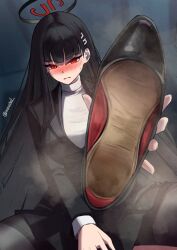Rule 34 | 1girl, absurdres, black hair, blue archive, blush, highres, long hair, looking at viewer, namukot, parted lips, red eyes, rio (blue archive), shoes, unworn shoes, single shoe, steam