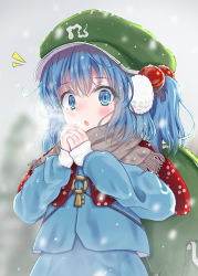 Rule 34 | 1girl, backpack, bag, bananannu, blue eyes, blue hair, blurry, blurry background, capelet, earmuffs, flat cap, green bag, green hat, grey scarf, hair bobbles, hair ornament, hat, highres, kawashiro nitori, key, long sleeves, looking at viewer, open mouth, outdoors, own hands together, red capelet, scarf, short hair, snow, snowing, solo, touhou, two side up, upper body