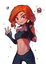 Rule 34 | !?, 1girl, abs, arrow (symbol), black pants, black tank top, clock, commentary request, dripping, ebio (evi3 da), eyebrow cut, hand in own hair, hand up, highres, humanization, jewelry, navel, necklace, nintendo, pants, pink eyes, rectangular mouth, red hair, red lips, red nails, short hair, splatoon (series), squid girl, surprised, sweat, tank top, tight clothes, torn clothes, white background