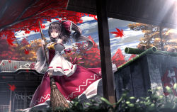 Rule 34 | 1girl, architecture, ascot, autumn leaves, bamboo broom, black hair, blurry, bow, broom, cloud, cloudy sky, day, depth of field, detached sleeves, dress, east asian architecture, falling leaves, from side, grass, hair bow, hair tubes, hakurei reimu, hakurei shrine, holding broom, japanese clothes, leaf, long hair, looking at viewer, looking to the side, maple leaf, miko, outdoors, parted lips, ponytail, red bow, red dress, red eyes, ribbon-trimmed sleeves, ribbon trim, ryosios, shrine, sky, smile, solo, sunlight, touhou, wide sleeves