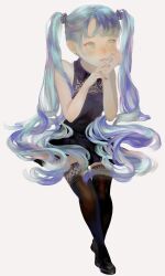 Rule 34 | 1girl, absurdres, aqua hair, bare arms, black dress, black footwear, black nails, black thighhighs, dress, earrings, full body, green eyes, hatsune miku, highres, invisible chair, jewelry, long hair, multicolored hair, parted lips, purple hair, satomatoma, shoes, simple background, sitting, sleeveless, sleeveless dress, solo, stud earrings, thighhighs, two-tone hair, vocaloid, white background