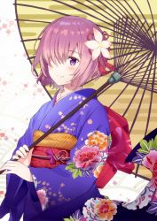 Rule 34 | 1girl, blush, fate/grand order, fate (series), floral background, flower, hair flower, hair ornament, hair over one eye, haru (hiyori-kohal), holding, holding umbrella, japanese clothes, kimono, mash kyrielight, mash kyrielight (grand new year), official alternate costume, oil-paper umbrella, purple eyes, purple hair, short hair, simple background, solo, umbrella, white background