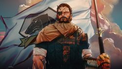 Rule 34 | 1boy, alterab, artist name, backlighting, beard, blue eyes, brown hair, cloak, cloud, cloudy sky, commentary, dawn, english commentary, expressionless, eyepatch, facial hair, facial scar, film grain, flag, highres, holding, holding flag, horns, male focus, mechanical arms, metal gear (series), metal gear solid v: the phantom pain, morning, muscular, parted lips, prosthesis, prosthetic arm, scar, scar across eye, scar on arm, scar on cheek, scar on face, scar on nose, single horn, single mechanical arm, sky, sleeves rolled up, solo, standing, venom snake, widow&#039;s peak