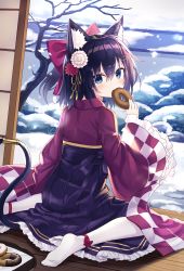Rule 34 | 1girl, animal ear fluff, animal ears, cat ears, cat tail, commentary request, flower, food, hair between eyes, hair flower, hair ornament, hairclip, highres, in mouth, indoors, japanese clothes, kimono, long sleeves, looking at viewer, original, pantyhose, purple eyes, red flower, satou (3366 s), snow, solo, tail, white flower, white pantyhose, wide sleeves