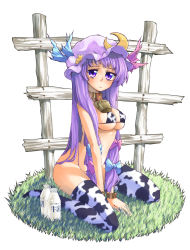 Rule 34 | 1girl, :&lt;, animal print, bell, bikini, bottle, bottomless, bow, breasts, collar, cow print, crescent, crescent hat ornament, female focus, hair ribbon, hakui ami, hat, hat ornament, highres, kneeling, large breasts, long hair, micro bikini, milk, milk bottle, neck bell, no panties, patchouli knowledge, photoshop (medium), pink bow, purple eyes, purple hair, ribbon, solo, swimsuit, thighhighs, touhou, underboob