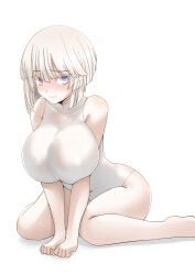 Rule 34 | 1girl, absurdres, bare shoulders, blush, breasts, collarbone, covered navel, grey eyes, highres, large breasts, looking at viewer, one-piece swimsuit, original, senbon tsuki, short hair, simple background, sitting, solo, swimsuit, thighs, wariza, white background, white hair, white one-piece swimsuit