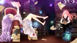 Rule 34 | 2girls, arm up, bare legs, barefoot, bat wings, black dress, black legwear, book, book stack, bookshelf, capelet, carrying, coat, cubit, dress, female focus, flying paper, hair ribbon, hand on own stomach, head wings, highres, holding up, koakuma, library, lights, long hair, long sleeves, looking at viewer, lying, magic, multiple girls, necktie, no headwear, on back, open clothes, open coat, open mouth, paper, patchouli knowledge, purple dress, purple eyes, purple hair, red dress, red eyes, ribbon, striped clothes, striped dress, thighhighs, touhou, tress ribbon, tripping, wings, zettai ryouiki