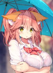 Rule 34 | 10s, 1girl, animal ear fluff, animal ears, bad id, bad pixiv id, blush, bra, bra visible through clothes, breast hold, breasts, cleavage, collarbone, commentary request, fate/extella, fate/extra, fate/extra ccc, fate (series), fox ears, large breasts, long hair, looking at viewer, mogullaz, official alternate costume, pink hair, school uniform, see-through, shirt, solo, striped bra, striped clothes, tamamo (fate), tamamo no mae (jk) (fate), twintails, underwear, wet, wet clothes, yellow eyes