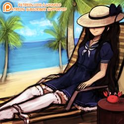 Rule 34 | 10s, 1girl, bad id, bad tumblr id, beach, beach chair, black hair, blue dress, borrowed character, brown hat, crab, day, dress, hat, hat over eyes, iowa (pacific), kantai collection, lace, lace-trimmed dress, lace trim, long hair, lumineko, original, pacific (kancolle), palm tree, panties, panties around leg, patreon, patreon username, poorly drawn, ribbon-trimmed thighhighs, ribbon trim, sleeping, smile, solo, sun hat, thighhighs, tree, underwear, uss iowa (bb-61), watermark, web address, white thighhighs