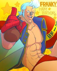 Rule 34 | 1boy, abs, blue hair, blue shirt, bottle, chaa (aoichar522 ), character name, collared shirt, commentary request, cyborg, dated, franky (one piece), happy birthday, highres, holding, holding bottle, looking to the side, male focus, one eye closed, one piece, open clothes, open shirt, panties, pompadour, red panties, shirt, sideburns, signature, star (symbol), underwear