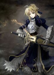 Rule 34 | 1girl, ahoge, armor, armored dress, artoria pendragon (fate), avalon (fate/stay night), blonde hair, dress, excalibur (fate/stay night), fate/stay night, fate (series), green eyes, highres, les, saber (fate), sheath, solo, sword, unsheathing, weapon