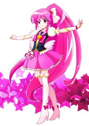 Rule 34 | 10s, 1girl, aino megumi, blush, boots, bow, brooch, cure lovely, earrings, happinesscharge precure!, heart, heart brooch, heart earrings, highres, jewelry, kiiro, long hair, looking at viewer, magical girl, outstretched arms, pink bow, pink eyes, pink hair, pink skirt, ponytail, precure, skirt, smile, solo, star (symbol), thigh boots, thighhighs, very long hair, wide ponytail