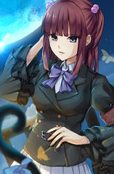 Rule 34 | 2girls, armband, belt, blue eyes, blunt bangs, blunt ends, blurry, blurry foreground, bow, breasts, bug, butterfly, buttons, cat tail, collared shirt, double-breasted, frederica bernkastel, frilled sleeves, frills, full moon, hair bobbles, hair ornament, hand on own hip, highres, ice cream (aisu aisu 9898), insect, jacket, long hair, medium breasts, moon, multiple girls, night, night sky, open mouth, outdoors, pleated skirt, red hair, ribbon, shirt, sidelocks, signature, skirt, sky, solo focus, tail, tail bow, tail ornament, two side up, umineko no naku koro ni, ushiromiya ange, white shirt, white skirt, yellow butterfly