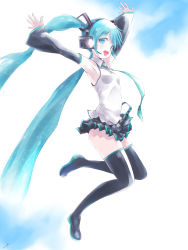 Rule 34 | 1girl, absurdly long hair, aqua eyes, aqua hair, armpits, arms up, black footwear, black thighhighs, boots, breasts, detached sleeves, female focus, from side, full body, hatsune miku, headset, highres, kowiru, long hair, looking at viewer, microskirt, necktie, open mouth, outdoors, skirt, sky, small breasts, solo, thigh boots, thighhighs, twintails, very long hair, vocaloid, zettai ryouiki