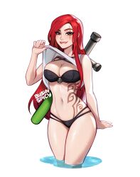 Rule 34 | 1girl, alternate costume, bikini, black bikini, blushyspicy, breasts, clothes lift, katarina (league of legends), large breasts, league of legends, lifting own clothes, long hair, looking at viewer, navel, parted lips, red hair, scar, scar across eye, shirt lift, solo, stomach, stomach tattoo, swimsuit, tattoo, toy sword, wading, water, weapon, weapon on back