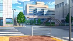 Rule 34 | blue sky, bridge, building, city, cloud, crosswalk, day, film grain, game cg, izumi tsubasu, lamppost, no humans, non-web source, official art, outdoors, railing, re:stage!, road, road sign, scenery, sign, sky, stairs, street, traffic light