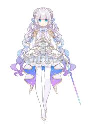 Rule 34 | 1girl, blue bow, blue eyes, bow, bowtie, closed mouth, double bun, dress, expressionless, full body, gloves, gradient hair, grey hair, hair bow, hair bun, hair ornament, holding, holding sword, holding weapon, long hair, looking at viewer, mamyouda, multicolored hair, original, pantyhose, simple background, solo, standing, star (symbol), star hair ornament, sword, wavy hair, weapon, white background, white dress, white gloves, white pantyhose