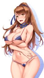 Rule 34 | 1girl, akitsuki karasu, arms under breasts, asymmetrical bangs, bare shoulders, beatrix (granblue fantasy), bikini, blush, breasts, brown eyes, brown hair, cleavage, collarbone, detached collar, flying sweatdrops, granblue fantasy, hair ornament, hair ribbon, hair scrunchie, highres, large breasts, long hair, looking at viewer, micro bikini, navel, open mouth, ponytail, ribbon, scrunchie, simple background, solo, swept bangs, swimsuit, thighs, white background