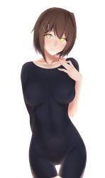 Rule 34 | 1girl, arm behind back, black bodysuit, blush, bodysuit, breasts, brown hair, collarbone, covered erect nipples, furutaka (kancolle), glowing, glowing eye, hair ornament, hairclip, highres, kantai collection, large breasts, moose (moosemitchell2), short hair, simple background, smile, solo, white background, yellow eyes