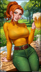 Rule 34 | 1girl, absurdres, alcohol, arm support, aroma sensei, beer, beer mug, belt, bench, blue sky, bra visible through clothes, bralines, breasts, cup, freckles, grass, green eyes, green pants, grin, highres, jewelry, large breasts, lips, looking at viewer, mug, necklace, nose, orange hair, pants, paper, pencil, ponytail, ring, robin (stardew valley), sitting, sky, smile, solo, stardew valley, tree, wood