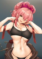 Rule 34 | 1girl, ;d, animal costume, bare arms, bare shoulders, bow, breasts, brown eyes, cleavage, collarbone, cowboy shot, gradient background, grey background, hair between eyes, hair bow, head tilt, highres, idolmaster, idolmaster cinderella girls, jougasaki mika, large breasts, long hair, looking at viewer, navel, one eye closed, open mouth, pink bow, ponytail, reindeer costume, skindentation, smile, solo, sports bra, stomach, strap lift, sweat, tony guisado, underboob