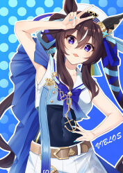 Rule 34 | 1girl, absurdres, animal ears, arm up, armpits, belt, blue bow, blue eyes, bow, brown belt, brown hair, commentary request, covered navel, crop top, hand on own hip, highres, horse ears, kento (kentdrawing), long hair, looking at viewer, mole, mole under eye, pleated skirt, shirt, sidelocks, skirt, solo, umamusume, upper body, very long hair, vivlos (umamusume), white headwear, white shirt, white skirt