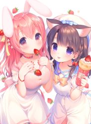 Rule 34 | 2girls, :p, animal ears, beret, blush, bow, breasts, bridal garter, brown eyes, brown hair, cat ears, cat girl, cleavage, crepe, dress, fingernails, food, food in mouth, fruit, hair between eyes, hands on own chest, hat, holding, holding food, large breasts, long hair, looking at viewer, mouth hold, multiple girls, nail polish, original, pink hair, purple eyes, rabbit ears, rabbit girl, rabbit tail, red nails, sakura (usashiro mani), strawberry, tail, tongue, tongue out, usashiro mani, white background, white dress, white hat, yellow bow