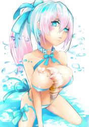 Rule 34 | 1girl, areola slip, bikini, blue eyes, blue hair, blush, breasts, bubble, collar, collarbone, covered erect nipples, earrings, food, gradient hair, ice cream, ice cream cone, jewelry, large breasts, lips, long hair, looking at viewer, matching hair/eyes, mila (yuta27315), multicolored hair, original, pink hair, ponytail, sitting, solo, swimsuit, thigh strap, wariza