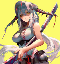 Rule 34 | 1girl, breasts, hair between eyes, highres, holding, holding sword, holding weapon, horns, katana, long hair, looking at viewer, original, sheath, sheathed, silver hair, simple background, slit pupils, solo, sword, ukimesato, very long hair, weapon, yellow background, yellow eyes