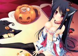 Rule 34 | 1girl, absurdres, animal ears, bare shoulders, black hair, black pantyhose, blush, book, bra, breasts, cat ears, cat tail, cleavage, clothes pull, collar, cream, cup, cupcake, food, food-themed hair ornament, food on body, hair ornament, hair ribbon, hat, hatori piyoko, highres, huge filesize, jack-o&#039;-lantern, large breasts, long hair, navel, nipples, off shoulder, pantyhose, pantyhose pull, pink bra, pumpkin hair ornament, red eyes, ribbon, scan, sitting, solo, strawberry nauts, tail, tail ornament, tail ribbon, teacup, underwear, very long hair, witch hat, yatsuka itsuki