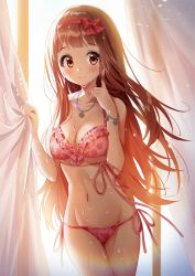 Rule 34 | backlighting, bare shoulders, blush, bow, bra, bracelet, breasts, brown eyes, brown hair, chobi (penguin paradise), cleavage, closed mouth, collarbone, commentary request, curtains, floral print, frilled bra, frills, groin, hairband, hands up, highres, idolmaster, idolmaster million live!, indoors, jewelry, long hair, medium breasts, navel, necklace, panties, pink bra, pink panties, print bra, print panties, red bow, red hairband, side-tie panties, smile, solo, tanaka kotoha, transparent, underwear, very long hair, window