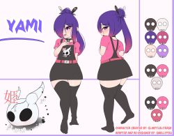Rule 34 | absurdres, belt, bunalonne, character sheet, child, choker, hair over one eye, highres, multicolored hair, original, overalls, ponytail, purple eyes, purple hair, skull, tagme, thighhighs, two-tone hair, yami (smolly poli)